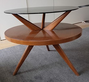 MCM Round Wood Side Table 3 Leg Black Glass Top FINE Stunning Design