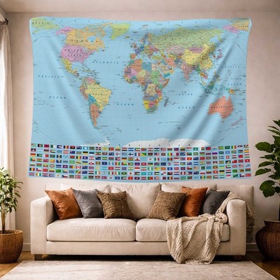 World Map With Flags, Educational Geography Tapestry