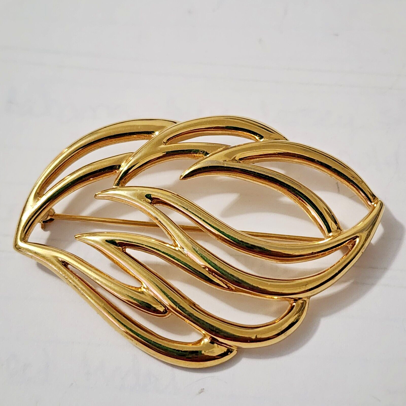 Monet Large Statement Brooch Openwork Leaf Gold T… - image 2