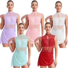Women Dresses Backless Dress Asymmetrical Dancewear Sheer Figure Skating Mesh