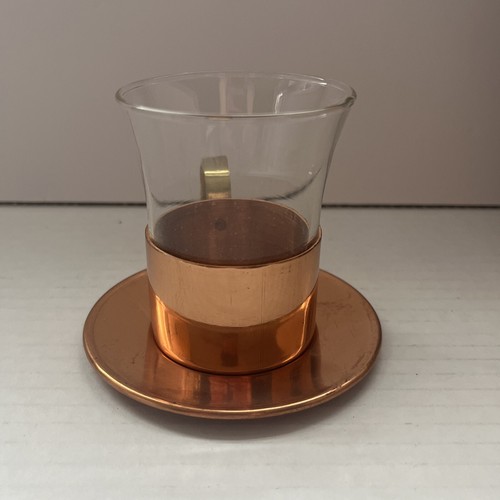 Vtg Espresso Coffee Cup Saucer Set Copper & Glass 4 Piece Benjamin & Medwin New - Picture 8 of 18