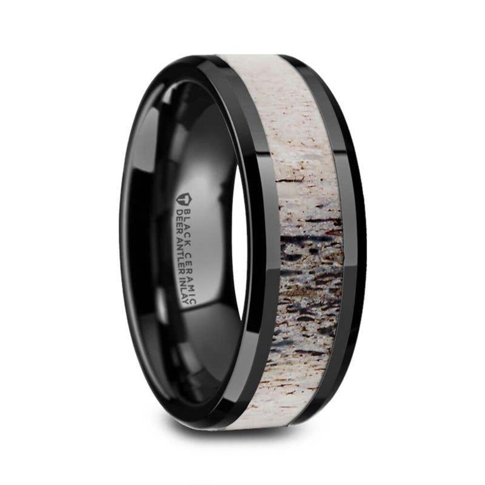Thorsten TRES Beveled Black Ceramic Polished Men's Wedding Band with Ombre Antler Inlay - 8mm - Tres Thorsten TRES Beveled Black Ceramic Polished Men's Wedding Band with Ombre Antler Inlay - 8mm - Tres