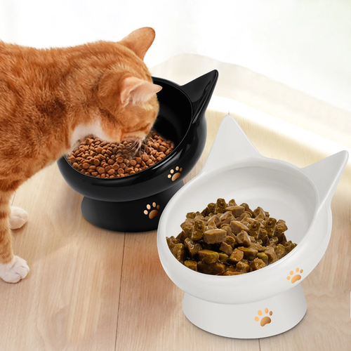 Cat Bowls - Raised Pet Food Bowls Anti Vomiting - Tilted Elevated Ceramic 2 pcs