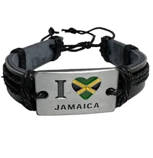 I Love Jamaica Flag Leather Wrist Cuff Wrist Bracelet Hippie Reggae One Love
