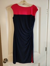 Ralph Lauren Dress Women's Sz 8 Blue/Red Ruched Boat Neck Knee Length Sleeveless