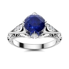 6MM Round Shape Blue Sapphire 925 Sterling Silver Art Deco Solitaire Women Ring