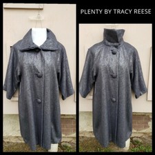 P ( 0 / 2 ) Women Plenty Tracy Reese Long Silver Grey Metallic Black Button Coat