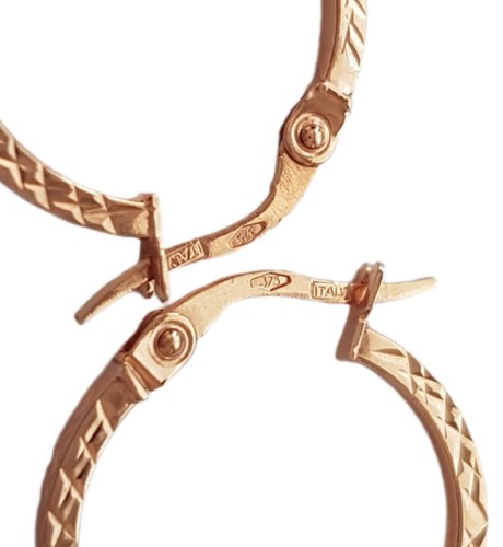 Solid 9ct Gold Diamond Cut Hoop Earrings. Rose Gold. Hollow. 375 Italy. 18mm. 9K - Picture 5 of 6