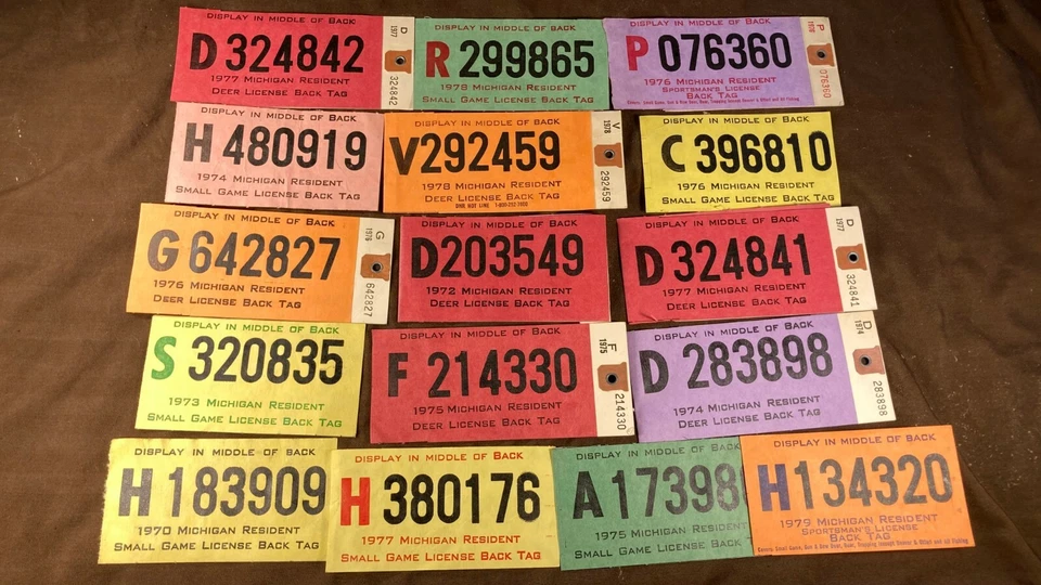 Licencias de caza Michigan Back Tag vintage años 70 71 72 73 74 75 76 77 78 79 Foto 2 de 4