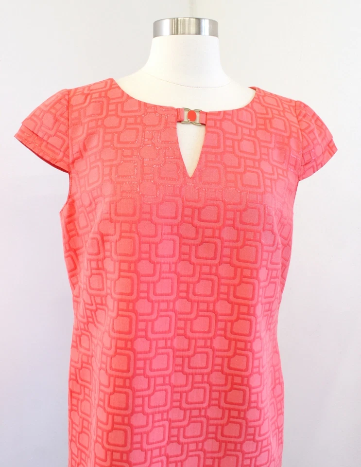Vestido Tahari ASL Levine Naranja Coral Brillo Geométrico Manga Gorra Talla 8 Foto 2 de 4