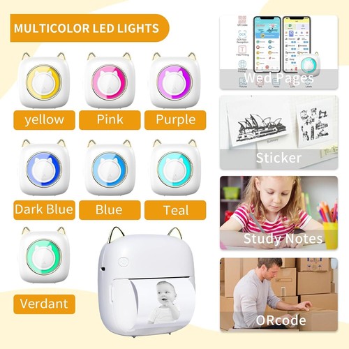 Mini impresora térmica de bolsillo LED RGB + papel Bluetooth foto nota papel impresión - Imagen 2 de 12