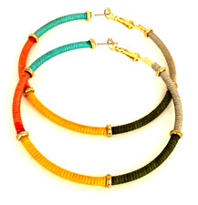 Large 2 3/4" Multicolor Threaded Gold Tone Pierced Hoop Earrings