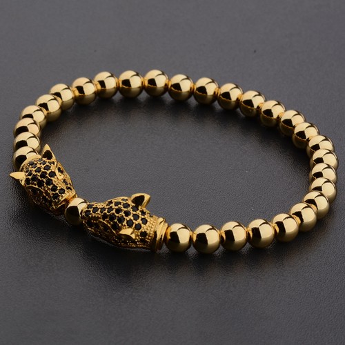 Fashion Men's Rhodium Plated Zircon Panther Leopard Head Beaded Bracelets Gifts - Picture 13 of 34