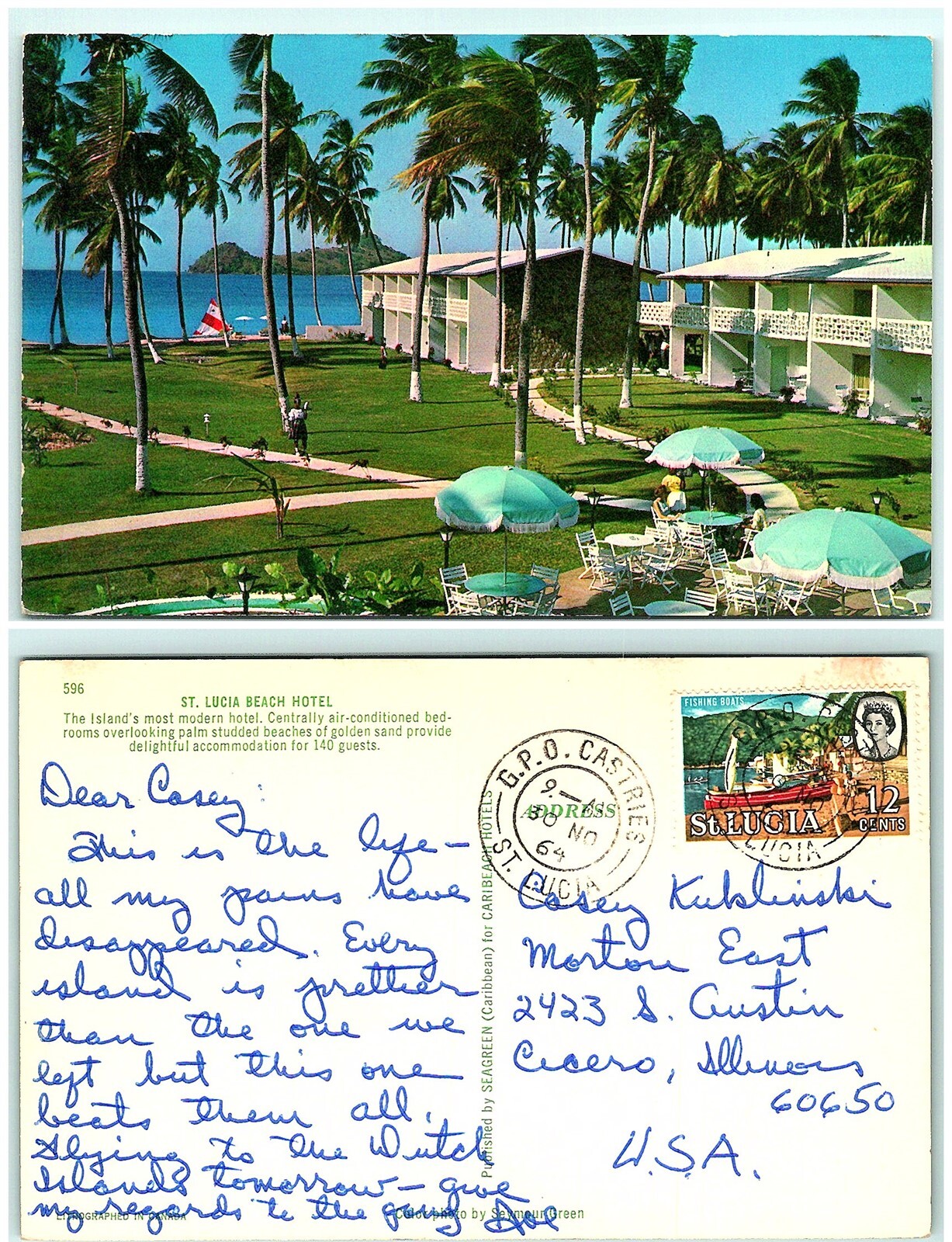 S04-2369, St. Lucia Beach Hotel, St. Lucia 1964 To Usa, Postcard