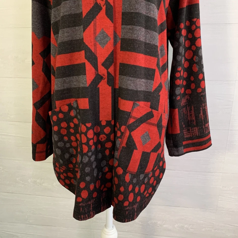 Vintage Elliott Lauren - Red & gray geometric snap front long knit jacket, 10 - Image 3 of 4