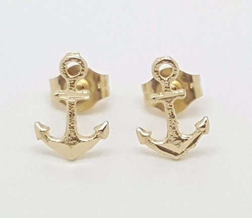 14k Solid Yellow Gold Anchor Mariner Stud Earrings Push Back 9MM - Picture 2 of 9