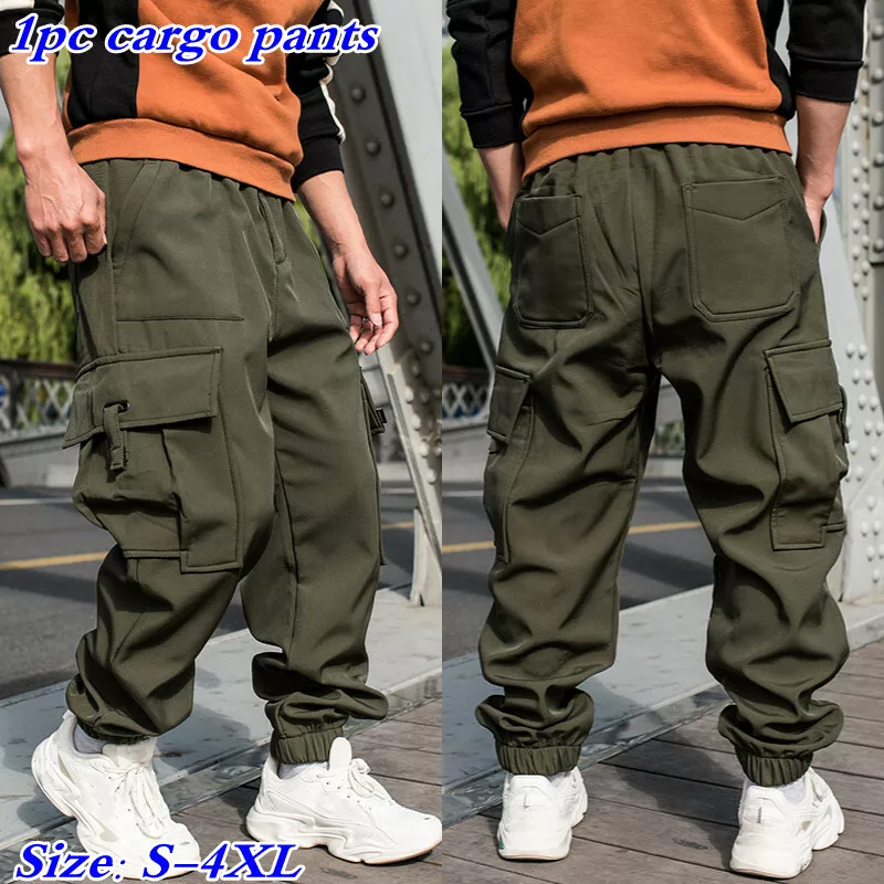 Men Fleece Lined Baggy Cargo Pants Wide Legs Trousers Hip Hop Loose Thick  Casual