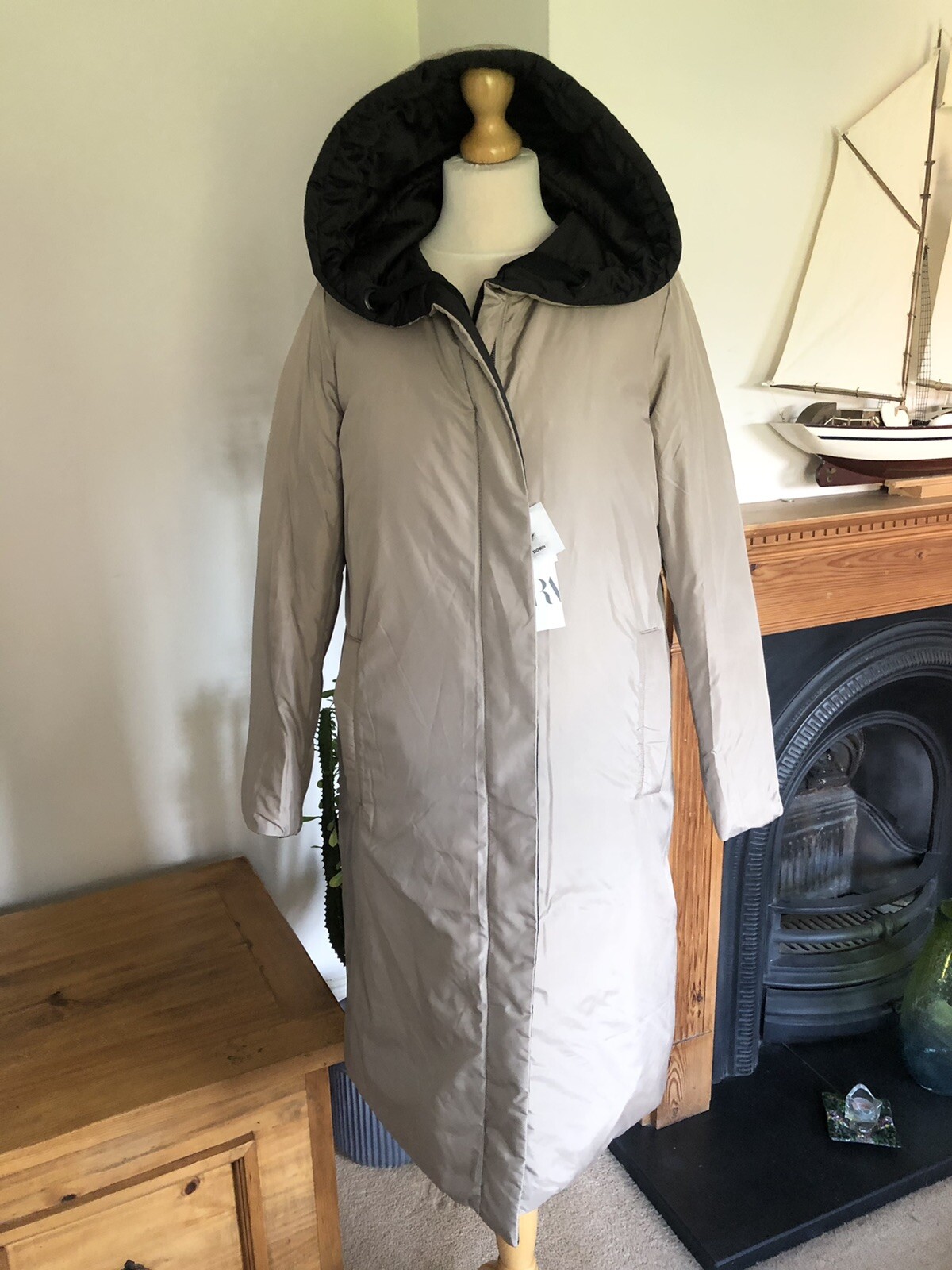 Zara Black & Beige Water Repellent Reversible Long Down Puffer Coat XS UK8 P39XS image 4