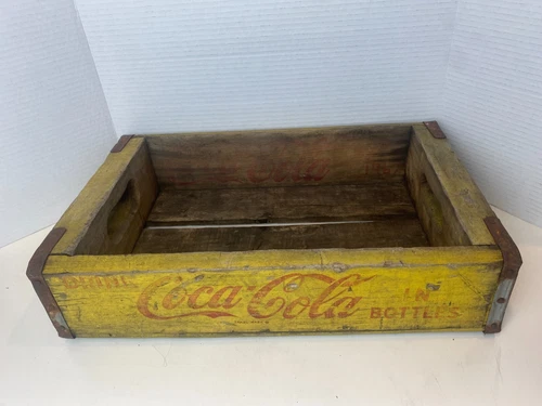 Vintage 1967 Yellow Wooden Coca Cola Crate open inside