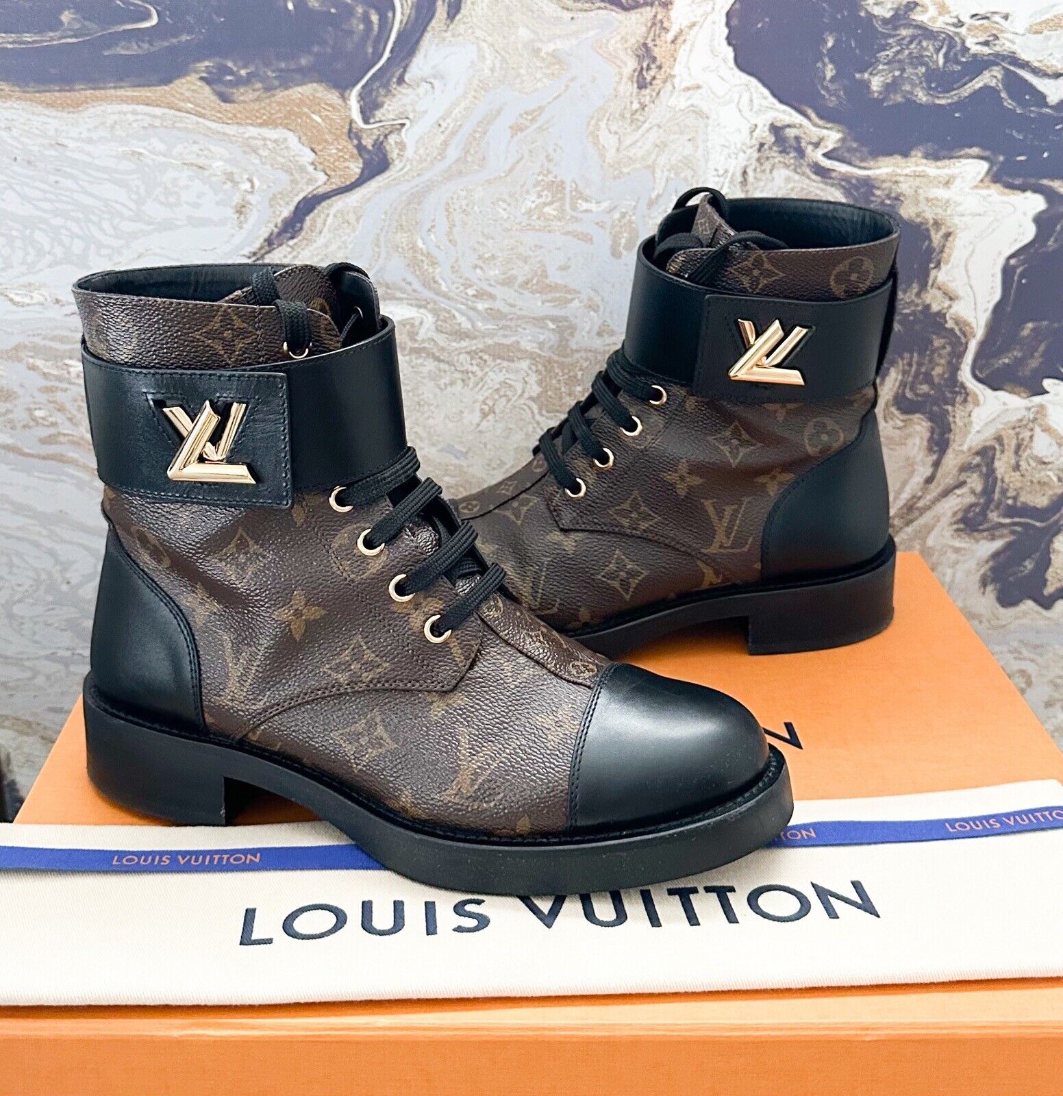 Louis Vuitton LV Monogram Wonderland Flat Ranger Combat Boots 38