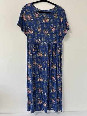 Y2k 90's Erika II & Co Medium Blue Cottagecore Floral Midi Dress Button Tie