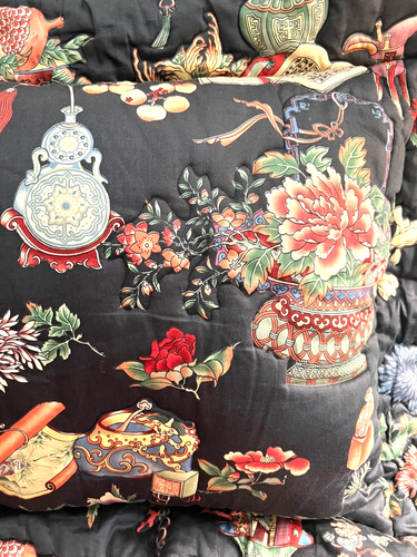 COPPIA VINTAGE HOLLYWOOD REGENCY CHINOISERIE SHAMS CON GONNA LETTO KING, VASI, ROTOLI - Foto 11 di 12