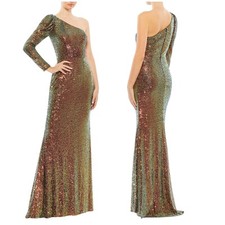 Mac Duggal NWT Sequined One Shoulder Trumpet Gown Iridescent Size 10 Puff Sleeve