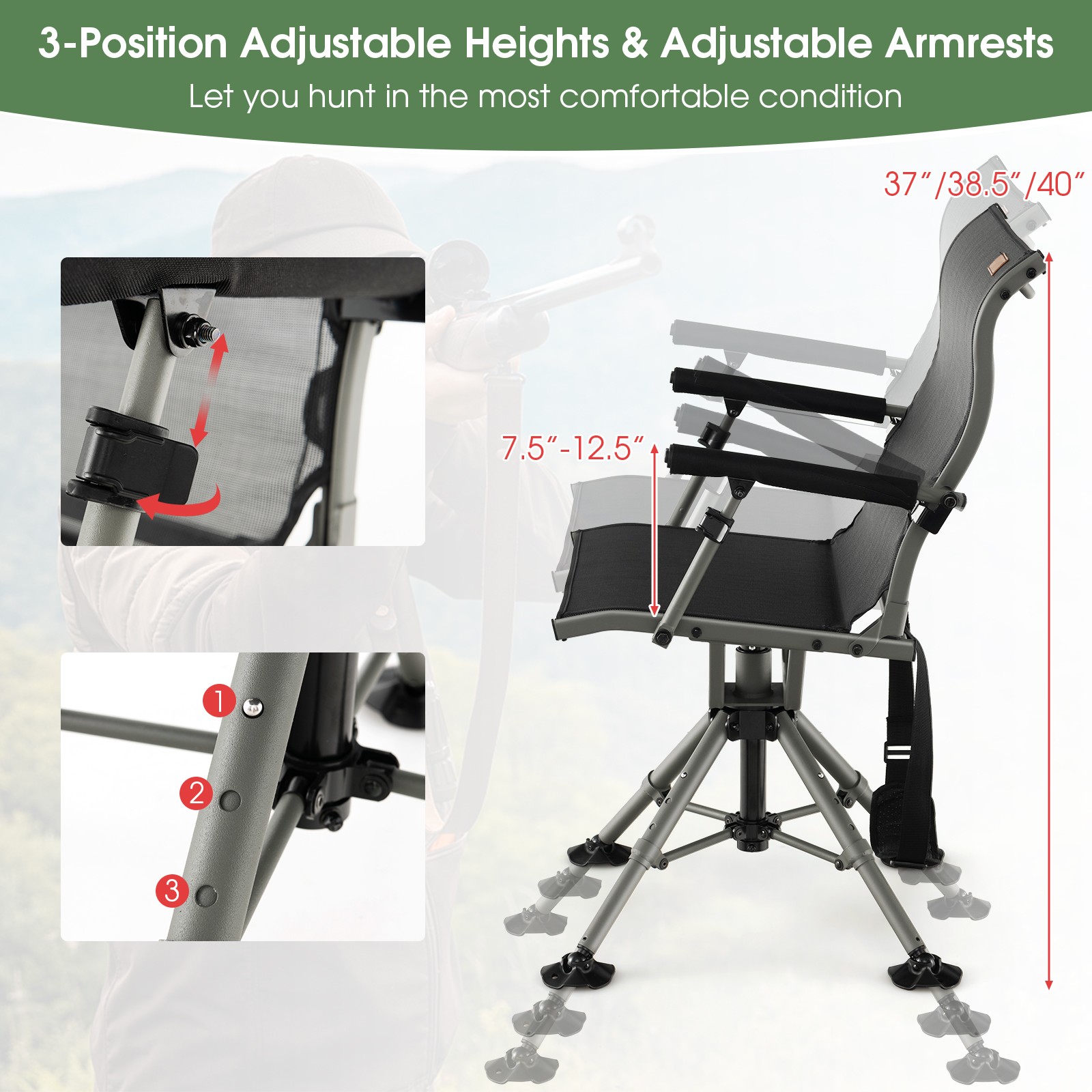 360 Degree Silent Swivel Hunting Chair, Folding Height Adjustable Hunter Chair