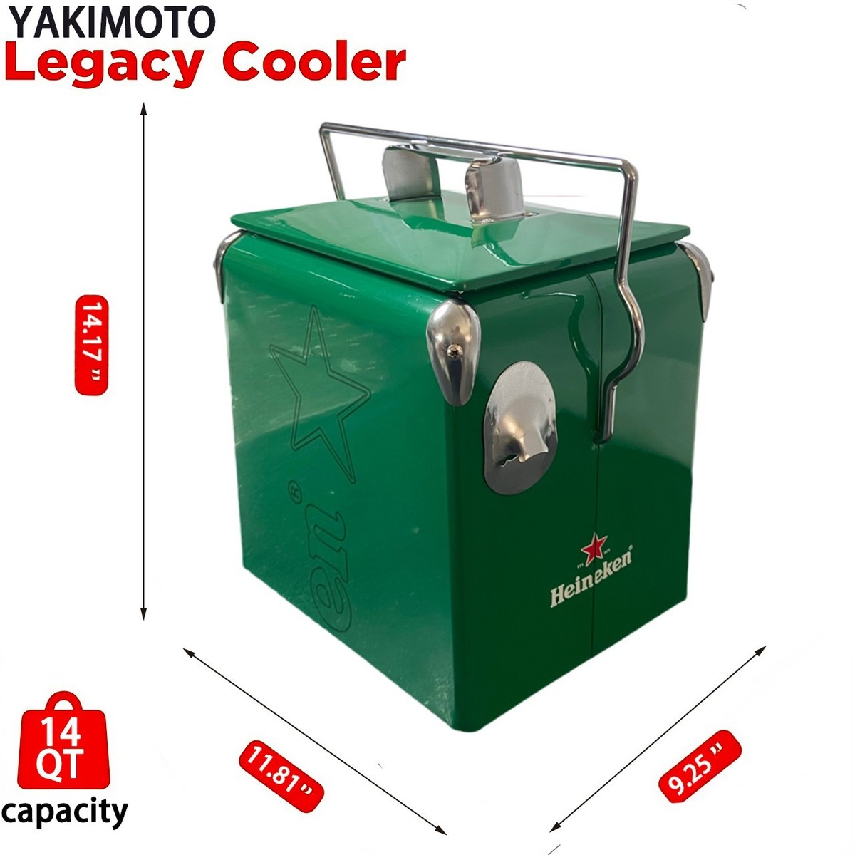 Heineken Classic Green Metal 13L/14Qt Cooler Box, Portable