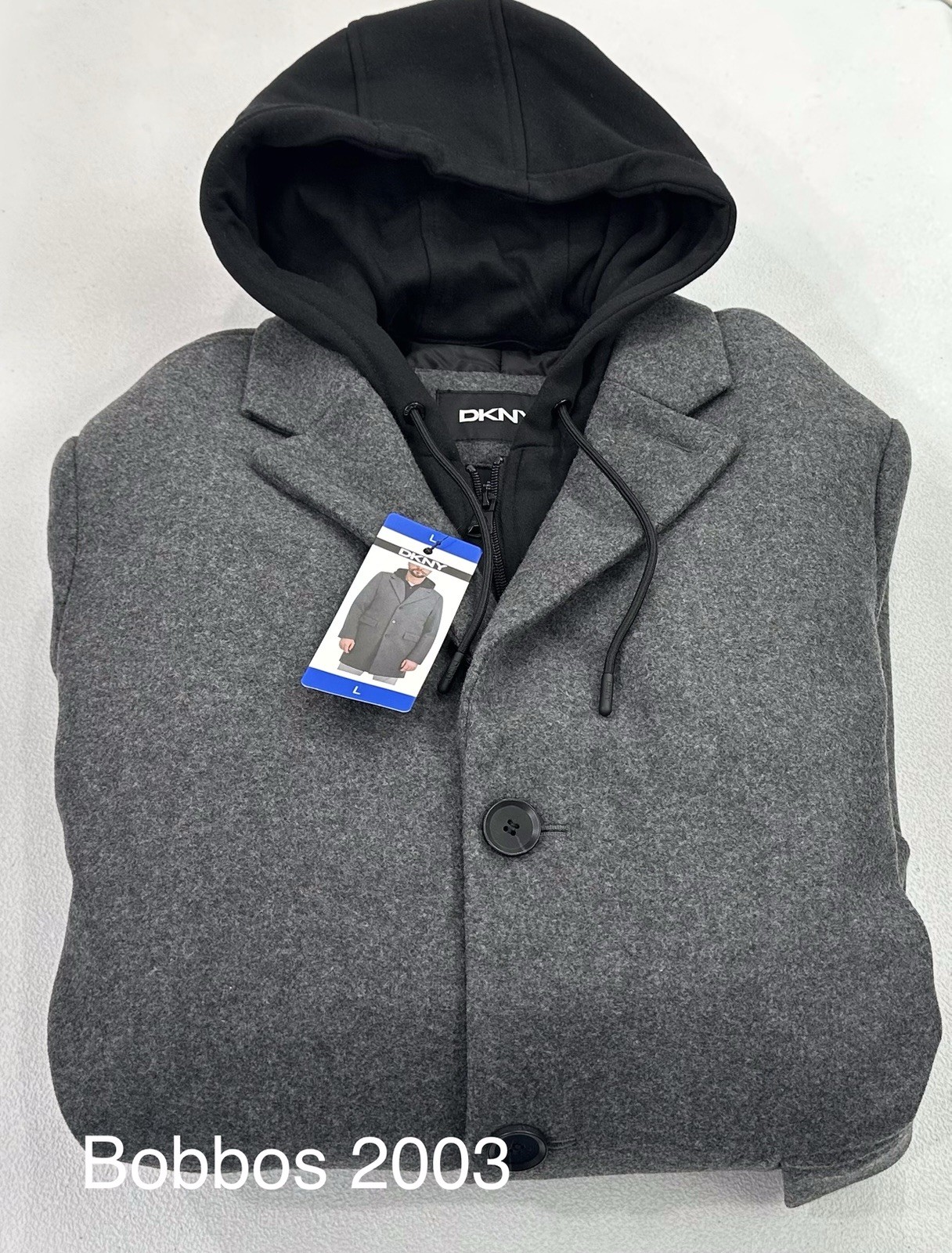 DKNY Men's Faux Wool Heavyweight Bib Front Zipper Button Coat Jacket, Gray, L