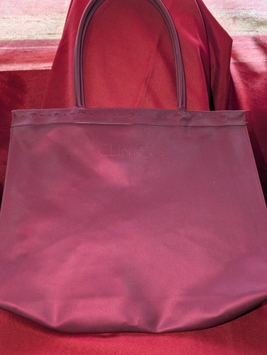 Clinique Burgundy Solid Tote Bag Pink Lined Logo Double Handles Open Top