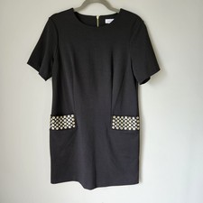 Calvin Klein Short Sleeve Black Sheath Dress Silver & Gold Studded Pockets Sz 8