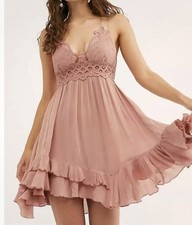Free People Adella Crochet Lace Babydoll Mini Dress Mauve Pink Medium