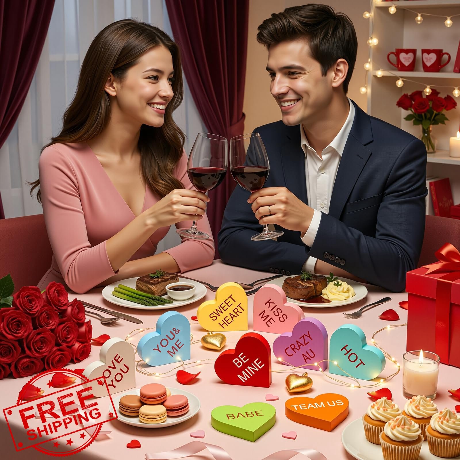 OLANRUN Valentines Day Decor 9pc Wooden Conversation Hearts Sign Romantic Hom... thumbnail 2