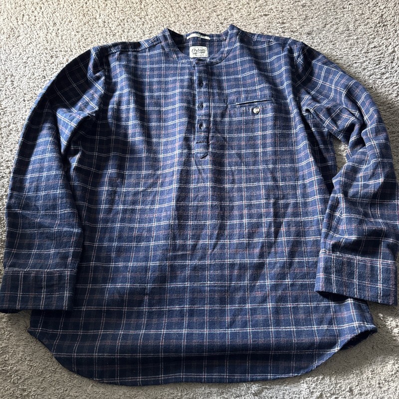 Orton Brothers Flannel Shirt Mens L Blue Plaid Henley Long Sleeve Cotton