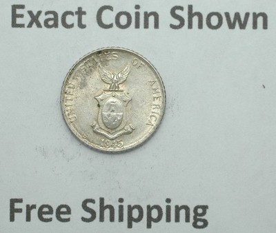 Philippines Silver 1945 D 10 Centavos Denver Mint Light Toning KM 181 Free Ship