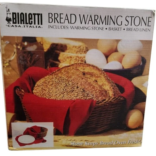 Bialetti Bread Warming Stone With Wicker Basket And Bread Linen Unused