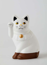 Japanese Hand Painted Lucky Cat SETO Maneki Neko 12cm White Brown Sit-Sideways