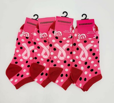 Everbright Women Pink Polka Dot Ribbon Breast Cancer LowCut Socks-4 Pair Sz 9-11