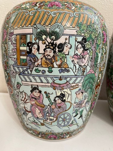 Chinese Pair of Famille Rose Porcelain Ginger Jars w/ Figures Floral & Bird Dec. - Picture 7 of 17