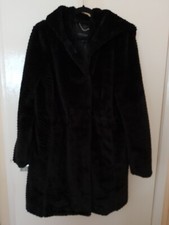Centigrade Qvc Size S /12 Black Faux Fur Hooded Relaxed Fit Coat, Waist Pull Ins