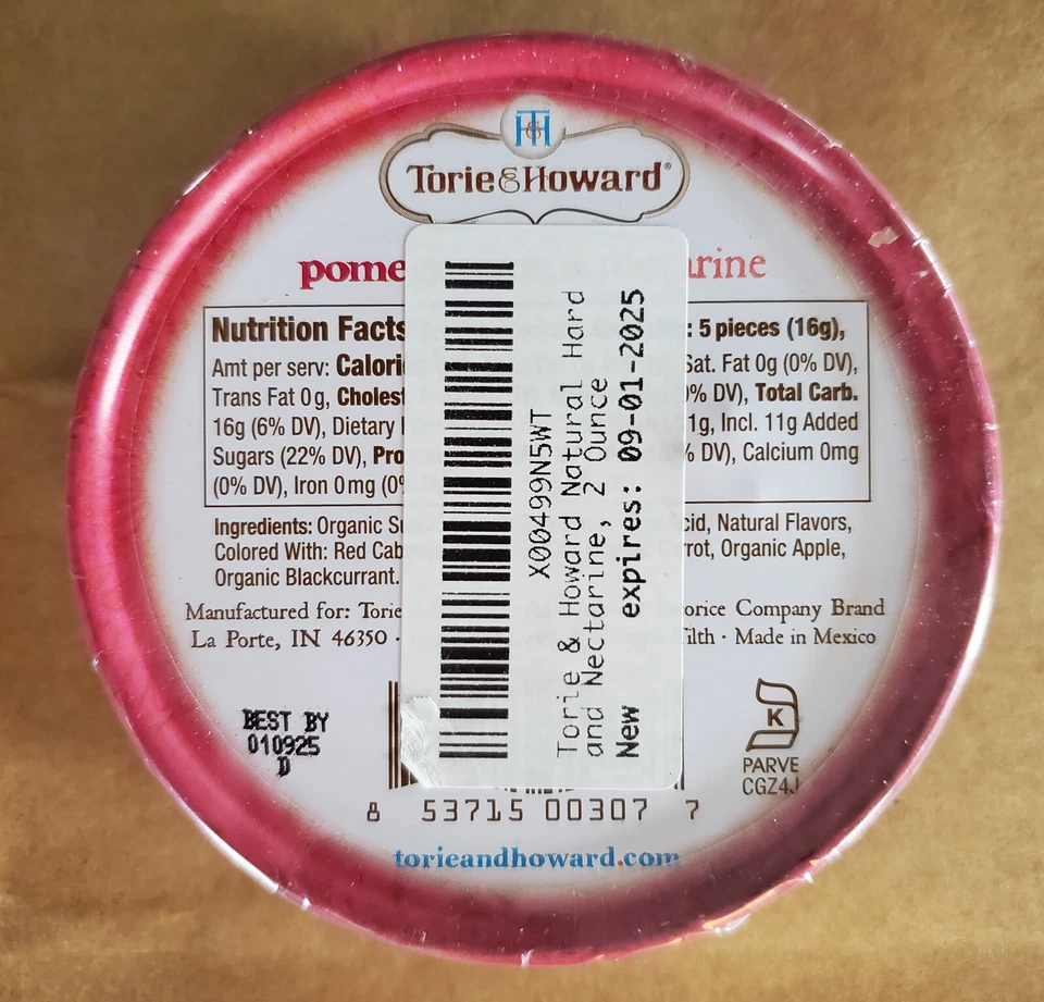 Caramelos duros orgánicos Torie & Howard - Paquete de 2 oz de granada y nectarina Foto 2 de 3