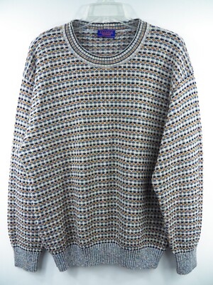 MISSONI MENS LARGE LUXURY SWEATERORANGE BEIGE BLUE STRIPE 45% WOOL MADE IN ITALY