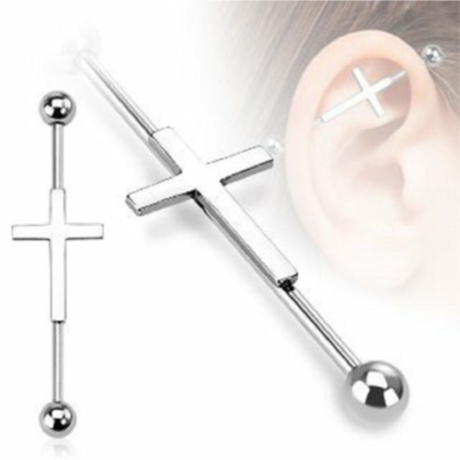 Industrial Barbell Silver Cross Earring Cartilage Scaffold Piercing 14g 35mm