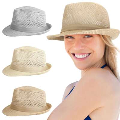 Mens Women Unisex Jazz Mesh Trilby Fedora Hat Summer Beach Hats Breathable 