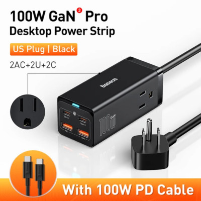 Baseus 100W GaN3 Pro Desktop Charger Power Strip US Plug Station Fast Charger
