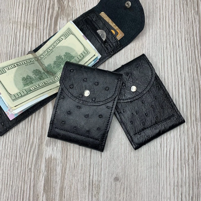Real Black Ostrich Leather Wallet Card Holder Coin Holder Handmade Money Clip - Image 2 of 4