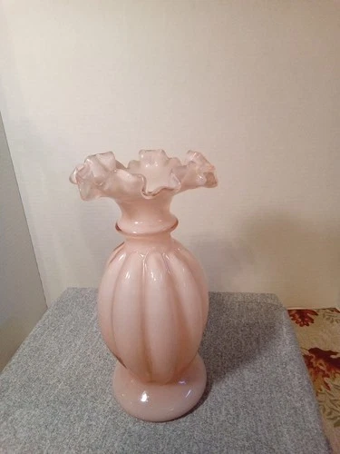 Fenton Rose Overlay Melon Glass Vase Vintage Floral Vase Approximately 8in Tall