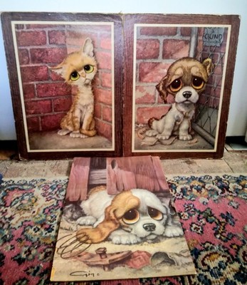 3 Gig 1960s Retro Pity Puppies And A Pity Kitty, Big Sad Eye Litho Prints