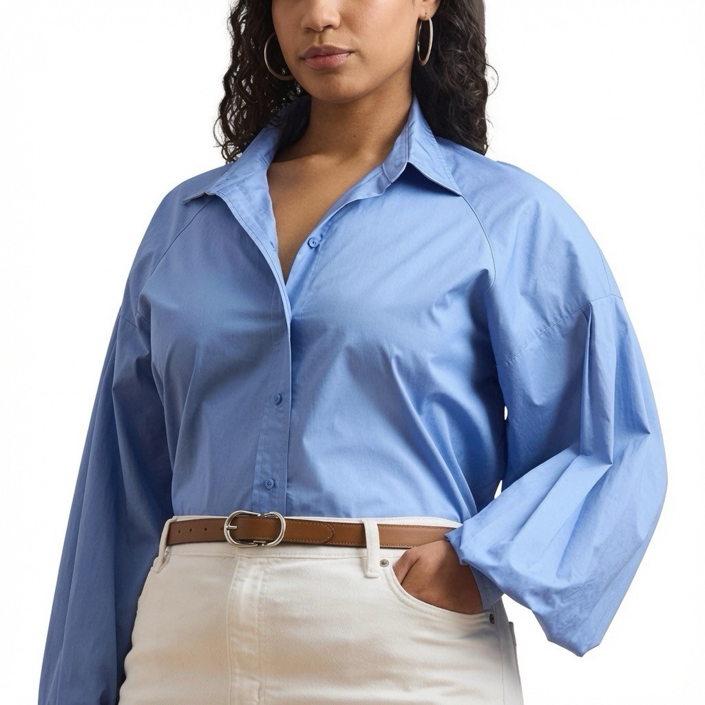 Lauren Ralph Lauren Blouson Sleeve Poplin Button Top Blue Plus Size 3X NWT